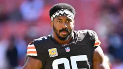 Myles Garrett #95 of the Cleveland Browns looks on during warmups before a game against the Cincinnati Bengals at Huntington Bank Field on October 20, 2024 in Cleveland, Ohio.