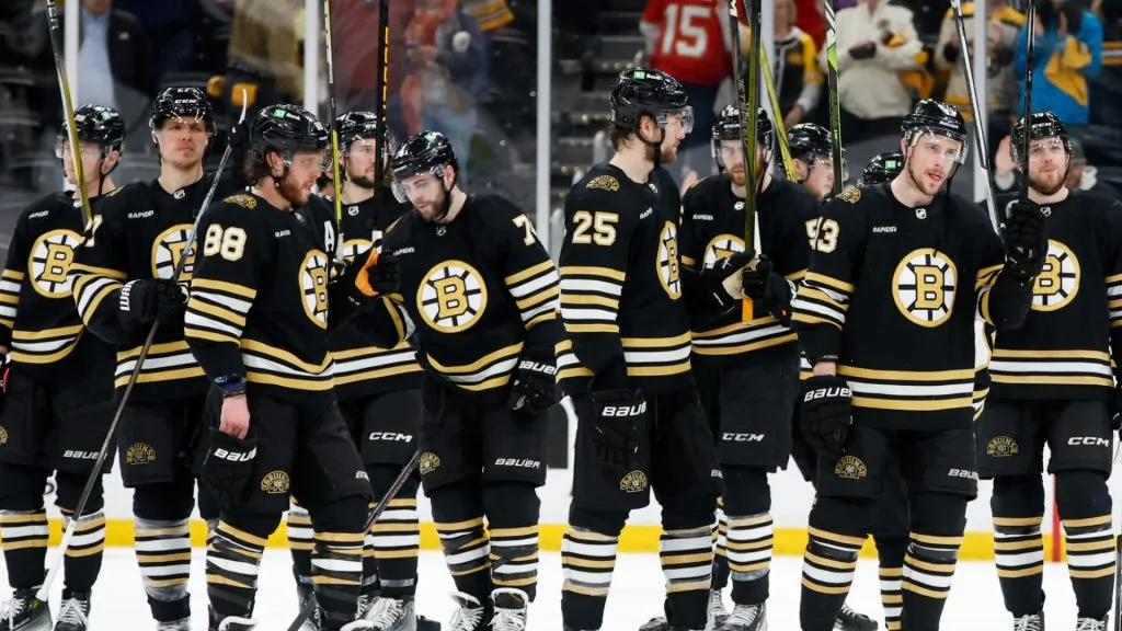 Boston Bruins players salute the fans after a 2-1 loss against the Florida Panthers in Game Six of the Second Round of the 2024 Stanley Cup Playoffs at TD Garden on May 17, 2024 in Boston, Massachusetts.
