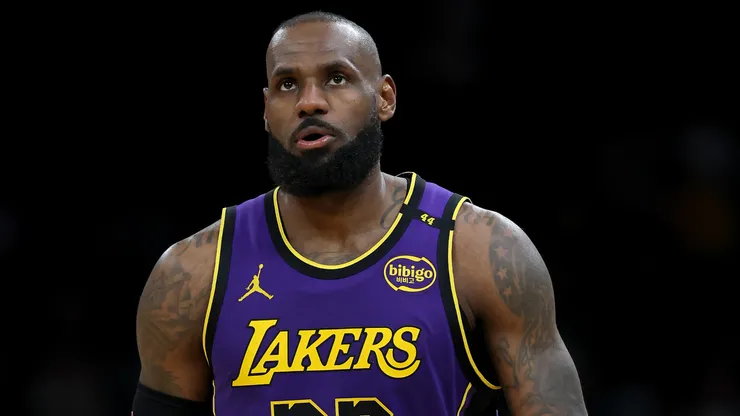 LeBron James #23 of the Los Angeles Lakers reacts during the second half against the Boston Celtics at TD Garden.