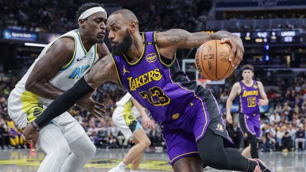LeBron James #23 of the Los Angeles Lakers drives against Pascal Siakam #43 of the Indiana Pacers during the second half at Gainbridge Fieldhouse. (Michael Hickey/Getty Images)