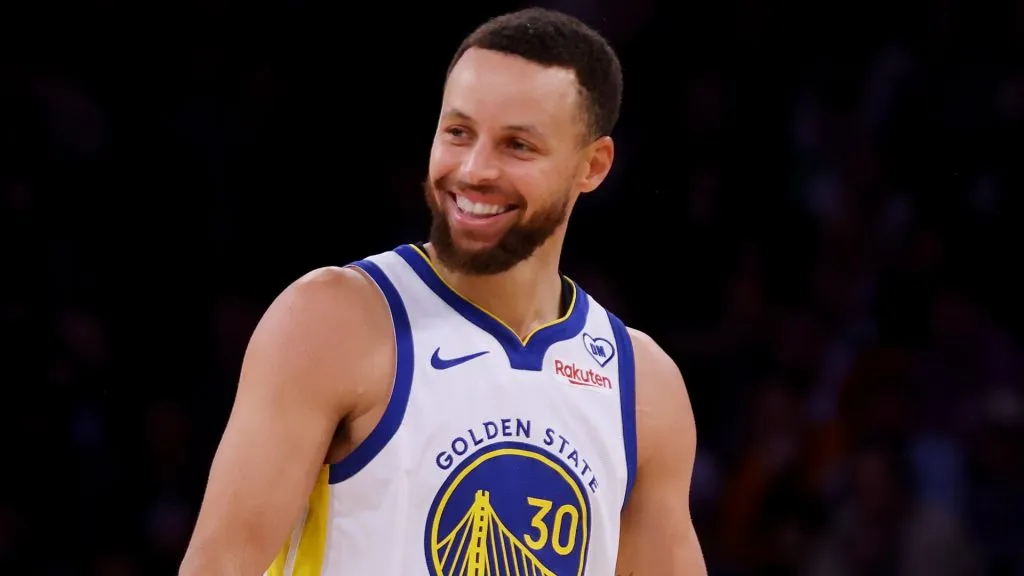 Stephen Curry #30 of the Golden State Warriors looks on against the New York Knicks at Madison Square Garden.