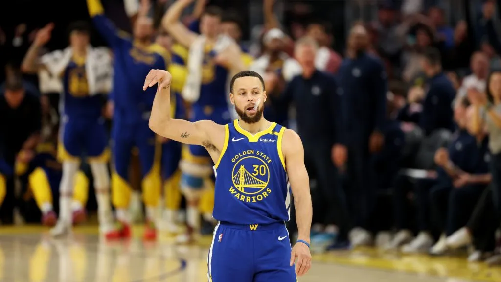 Stephen Curry #30 of the Golden State Warriors reacts after the Warriors made a basket against the Portland Trail Blazers at Chase Center. (Ezra Shaw/Getty Images)