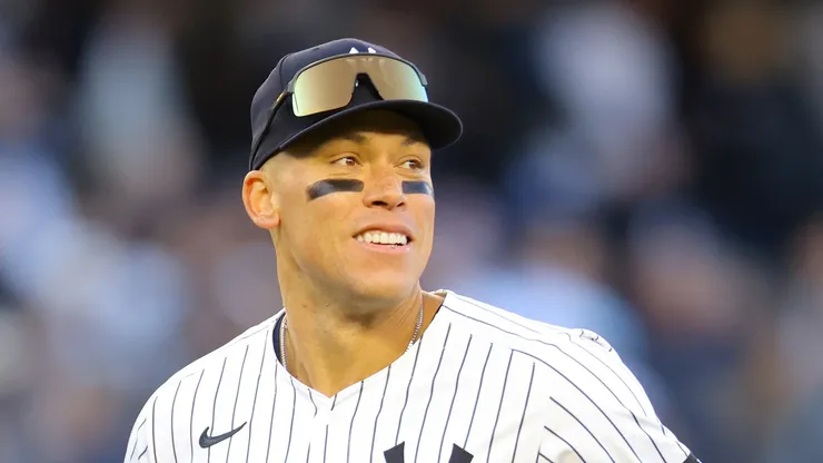 Aaron Judge #99 of the New York Yankees reacts after defeating the Milwaukee Brewers on Opening Day at Yankee Stadium on March 27, 2025 in New York City.