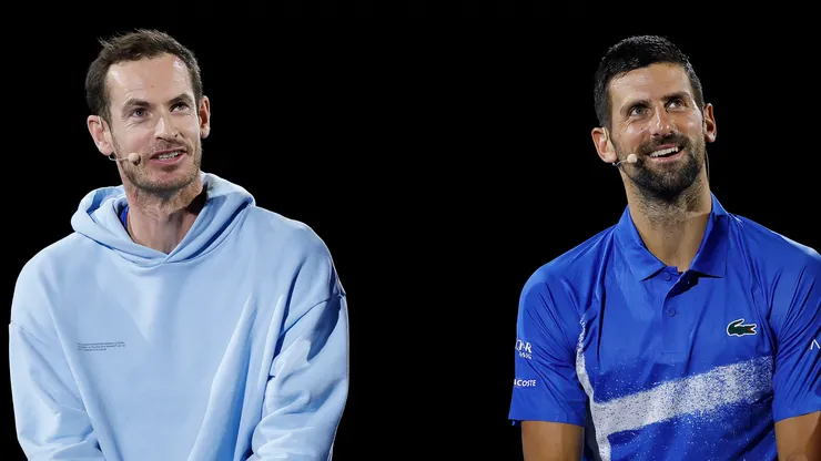 Andy Murray and Novak Djokovic of Serbia are interviewed during the Night with Novak charity event.