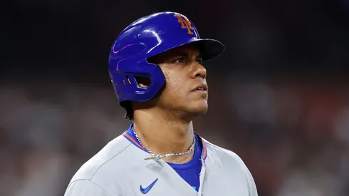 Juan Soto #22 of the New York Mets reacts after drawing a walk against the Houston Astros during the third inning on Opening Day at Daikin Park on March 27, 2025 in Houston, Texas.