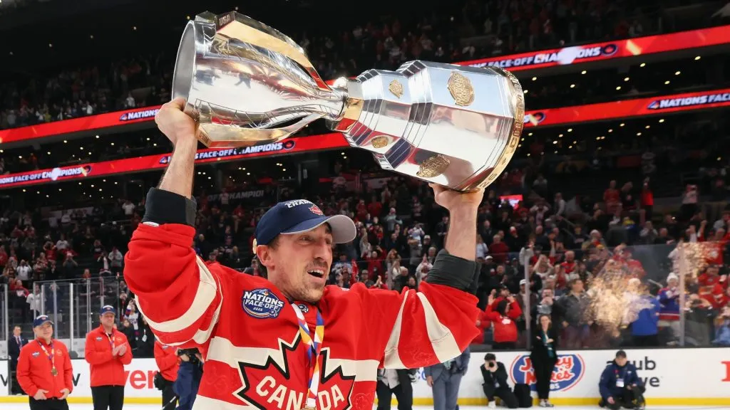 Brad Marchand #63 of Team Canada celebrates with his teammates after defeating Team United States in overtime to win the NHL 4 Nations Face-Off Championship Game at TD Garden on February 20, 2025 in Boston, Massachusetts. (Photo by Bruce Bennett/Getty Images)