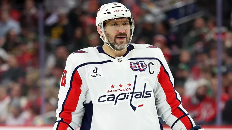 Alex Ovechkin #8 of the Washington Capitals looks on against the Minnesota Wild in the second period at Xcel Energy Center on March 27, 2025 in St Paul, Minnesota.