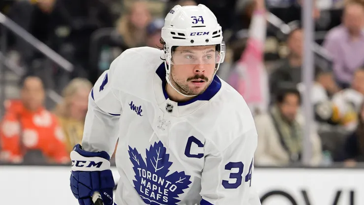 Auston Matthews #34 of the Toronto Maple Leafs skates against the Vegas Golden Knights in the third period of their game at T-Mobile Arena on March 05, 2025 in Las Vegas, Nevada.