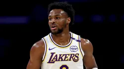 Bronny James #9 of the Los Angeles Lakers in action against the Chicago Bulls at Crypto.com Arena.