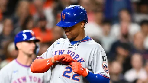 Juan Soto #22 of the New York Mets celebrates after hitting a solo home run in the top of the third inning against the Houston Astros at Daikin Park on March 28, 2025 in Houston, Texas.