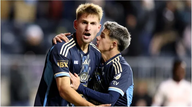 Bruno Damiani of the Philadelphia Union celebrates with teammate Cavan Sullivan – Emilee Chinn/Getty Images