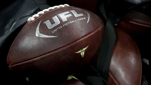 A view of the UFL and San Antonio Brahmas logos on footballs on the sideline during the second half against the DC Defenders at Alamodome on March 31, 2024 in San Antonio, Texas.