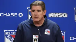 Head coach Peter Laviolette of the New York Rangers speaks with the media prior to the game against the New York Islanders at Madison Square Garden on March 17, 2024 in New York City.