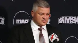 Head coach Sheldon Keefe of the New Jersey Devils speaks with the media after the game against the New York Islanders during preseason action at the Prudential Center on September 22, 2024.