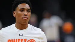 Tahaad Pettiford #0 of the Auburn Tigers works out during a practice session ahead of the Sweet Sixteen in the South Regional of the NCAA men's basketball tournament at State Farm Arena on March 27, 2025 in Atlanta, Georgia.