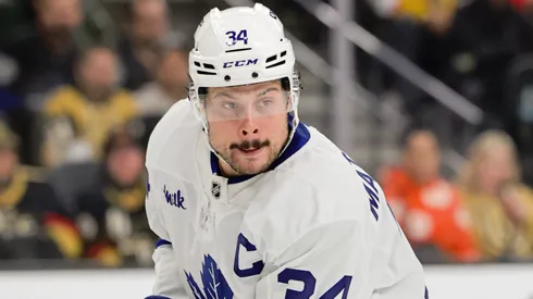 Auston Matthews #34 of the Toronto Maple Leafs skates against the Vegas Golden Knights at T-Mobile Arena on March 05, 2025 in Las Vegas, Nevada.