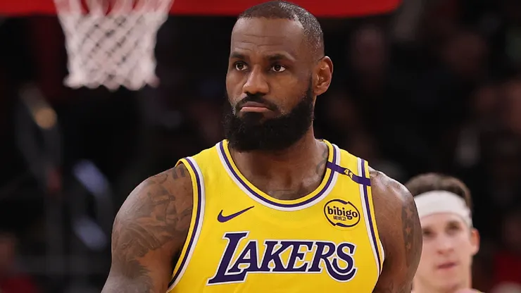LeBron James #23 of the Los Angeles Lakers reacts against the Chicago Bulls during the second half at the United Center on March 27, 2025 in Chicago, Illinois.