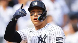 Aaron Judge #99 of the New York Yankees celebrates after hitting a home run in the first inning against Milwaukee Brewers at Yankee Stadium on March 29, 2025 in New York City.