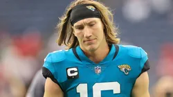 Trevor Lawrence #16 of the Jacksonville Jaguars reacts after the game against the Houston Texans at NRG Stadium on September 12, 2021 in Houston, Texas.