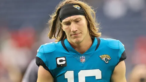Trevor Lawrence #16 of the Jacksonville Jaguars reacts after the game against the Houston Texans at NRG Stadium on September 12, 2021 in Houston, Texas.