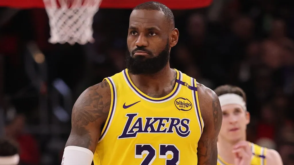 LeBron James #23 of the Los Angeles Lakers reacts against the Chicago Bulls during the second half at the United Center.