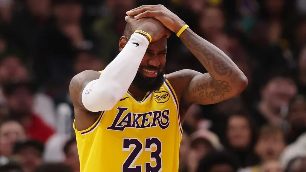LeBron James #23 of the Los Angeles Lakers reacts against the Chicago Bulls during the second half at the United Center. (Michael Reaves/Getty Images)