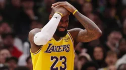 LeBron James #23 of the Los Angeles Lakers reacts against the Chicago Bulls during the second half at the United Center on March 27, 2025 in Chicago, Illinois.