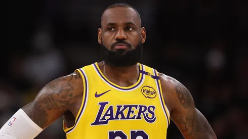 LeBron James #23 of the Los Angeles Lakers looks on against the Chicago Bulls during the first half at the United Center.