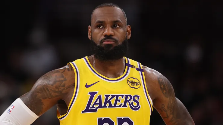 LeBron James #23 of the Los Angeles Lakers looks on against the Chicago Bulls during the first half at the United Center.