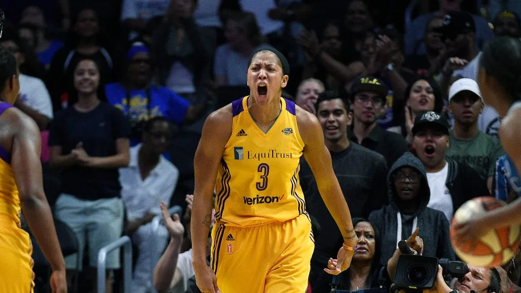 Candace Parker #3 of the Los Angeles Sparks celebrates after blocking a shot against Maya Moore #23 of the Minnesota Lynx
