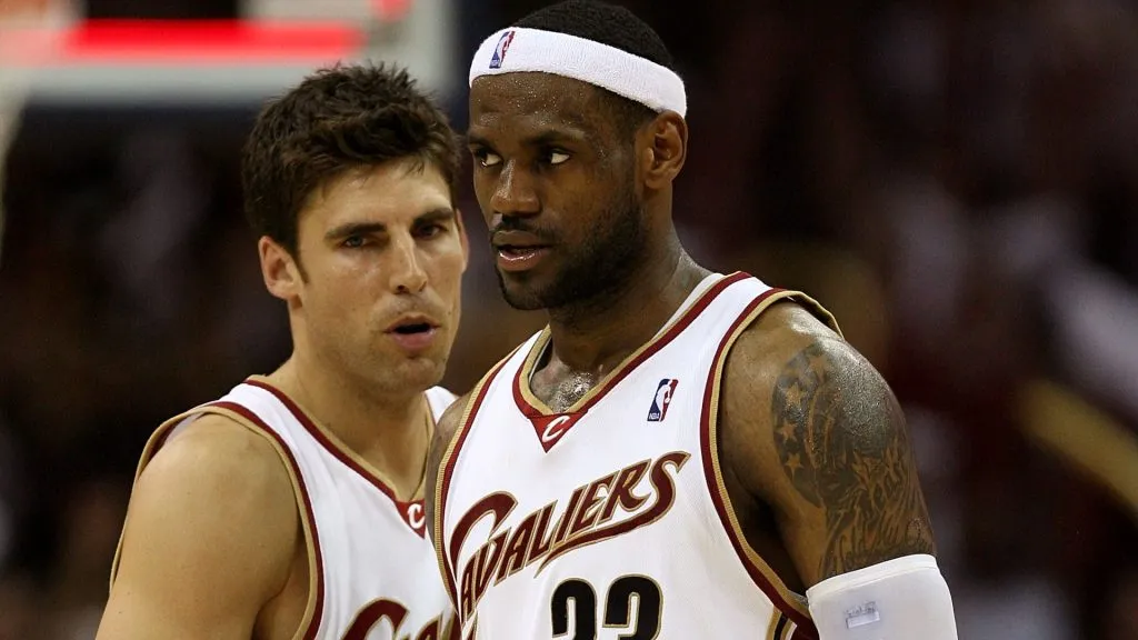 LeBron James of the Cleveland Cavaliers with teammate Wally Szczerbiak during the 2009 Playoffs