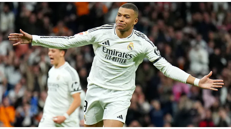 Kylian Mbappe of Real Madrid celebrates scoring his team's first goal from the penalty spot during the LaLiga match between Real Madrid CF and CD Leganes at Estadio Santiago Bernabeu on March 29, 2025 in Madrid, Spain.