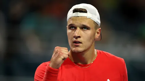 Jakub Mensik of Czechia celebrates winning the first set against Taylor Fritz during their Semi Final match on Day 11 of the Miami Open.