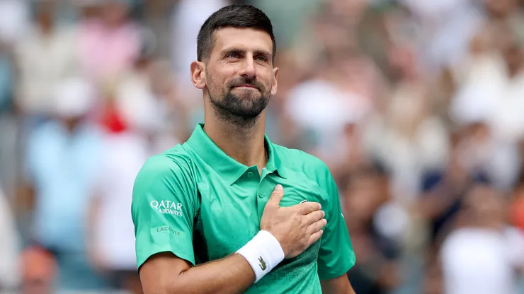 Novak Djokovic of Serbia celebrates his win against Grigor Dimitrov of Bulgaria during the semifinals of the Miami Open.