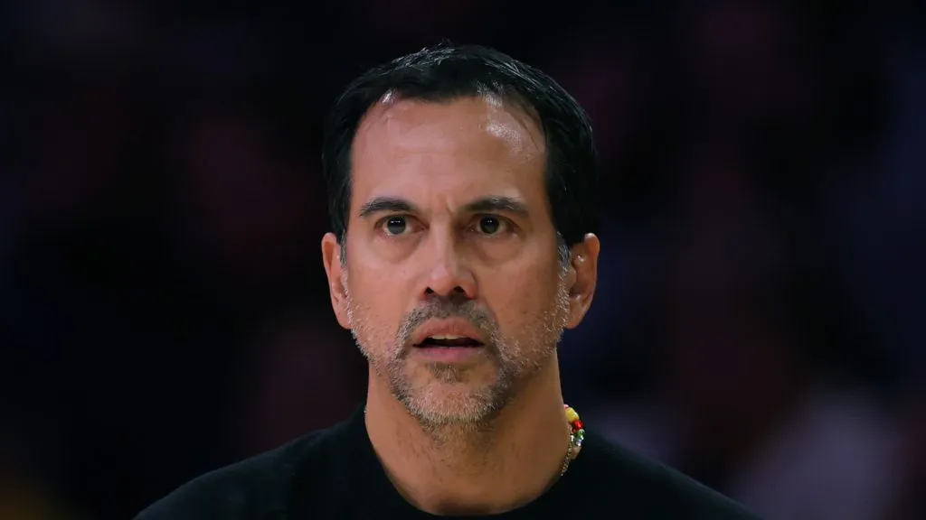 Erik Spoelstra of the Miami Heat watches from the sidelines during a 117-108 Los Angeles Lakers