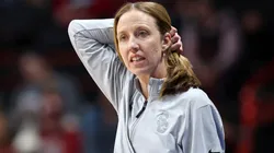 Head coach Lindsay Gottlieb of the USC Trojans looks on in the second quarter against the Kansas State Wildcats in the Sweet Sixteen round of the NCAA Women's Basketball Tournament at Spokane Arena on March 29, 2025 in Spokane, Washington.