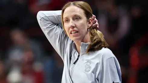 Head coach Lindsay Gottlieb of the USC Trojans looks on in the second quarter against the Kansas State Wildcats in the Sweet Sixteen round of the NCAA Women's Basketball Tournament at Spokane Arena on March 29, 2025 in Spokane, Washington.