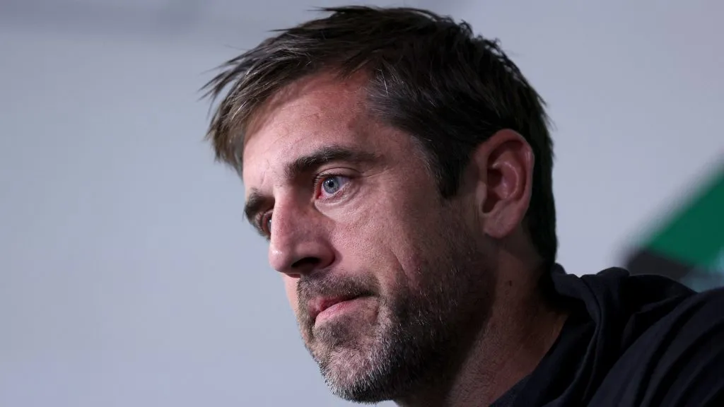 Aaron Rodgers answers questions after an offseason workout session at Atlantic Health Jets Training Center on May 23, 2023 in Florham Park, New Jersey.