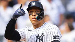 Aaron Judge #99 of the New York Yankees celebrates after hitting a home run in the first inning against Milwaukee Brewers at Yankee Stadium on March 29, 2025 in New York City.