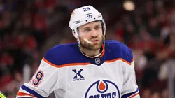 Leon Draisaitl #29 of the Edmonton Oilers looks on against the Chicago Blackhawks during the first period at the United Center on January 11, 2025 in Chicago, Illinois.