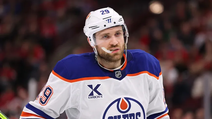 Leon Draisaitl #29 of the Edmonton Oilers looks on against the Chicago Blackhawks during the first period at the United Center on January 11, 2025 in Chicago, Illinois.