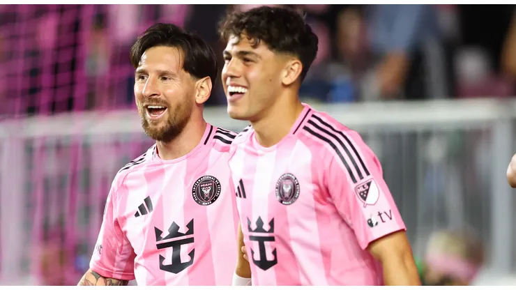 Lionel Messi #10 of Inter Miami CF celebrates the team's first goal scored by Tomás Aviles #6 of Inter Miami CF (not in frame) during the MLS match between Inter Miami CF and New York City FC at Chase Stadium on February 22, 2025 in Fort Lauderdale, Florida.