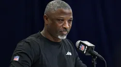 Head coach Aaron Glenn of the New York Jets speaks to the media during the NFL Scouting Combine at the Indiana Convention Center on February 25, 2025 in Indianapolis, Indiana.