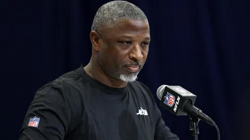 Head coach Aaron Glenn of the New York Jets speaks to the media during the NFL Scouting Combine at the Indiana Convention Center on February 25, 2025 in Indianapolis, Indiana.