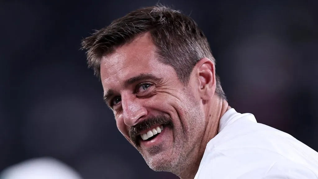 Aaron Rodgers looks on prior to the game against the Kansas City Chiefs at MetLife Stadium on October 01, 2023 in East Rutherford, New Jersey.