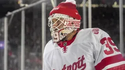 Cam Talbot #39 of the Detroit Red Wings seen in action during the 2025 NHL Stadium Series against the Columbus Blue Jackets at Ohio Stadium on March 01, 2025 in Columbus, Ohio.