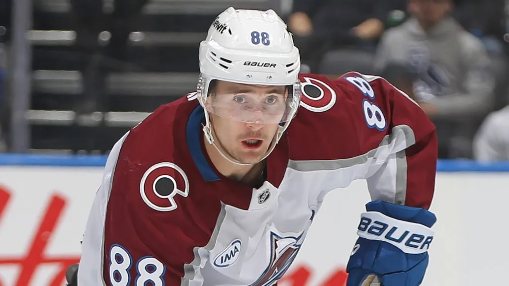 Martin Necas #88 of the Colorado Avalanche skates the puck against the Toronto Maple Leafs during the third period at Scotiabank Arena on March 19, 2025 in Toronto, Ontario, Canada. The Maple Leafs defeated the Avalanche 2-1.