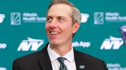 New York Jets general manager Darren Mougey is introduced to the media at Atlantic Health Jets Training Center on January 27, 2025 in Florham Park, New Jersey.