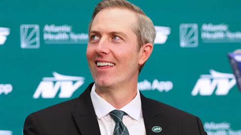New York Jets general manager Darren Mougey is introduced to the media at Atlantic Health Jets Training Center on January 27, 2025 in Florham Park, New Jersey.