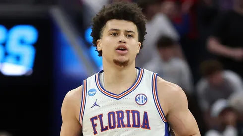 Walter Clayton Jr. #1 of the Florida Gators reacts during the second half against the Texas Tech Red Raiders in the West Regional Elite Eight round of the NCAA Men's Basketball Tournament at Chase Center on March 29, 2025 in San Francisco, California.